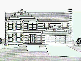 Historic front-elevation illustration from the 6826 Hummingbird Drive listing, showing a two-story home and attached garage.